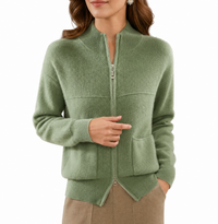 Damen Strickjacke mit Reißverschluss und aufgesetzten Taschen - Hellgrün