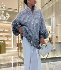 Damen Strickjacke mit Reißverschluss und Stehkragen sowie Paillettenbesatz - Grau