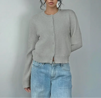 Damen Strickjacke mit Rundausschnitt Durchgehender Knopfleiste Langen Ärmeln mit Rippbündchen auf Taillenlänge - Grau