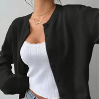 Damen Strickjacke mit Rundausschnitt Durchgehender Knopfleiste Langen Ärmeln mit Rippbündchen auf Taillenlänge - Schwarz