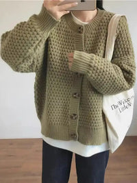 Damen Strickjacke mit Rundhalsausschnitt Knopfverschluss Ballonärmeln und Strukturmuster - Grün