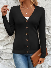 Damen Strickjacke mit V-Ausschnitt Knopfverschluss Langen Ärmeln und Gerippten Bündchen - Schwarz