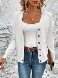 Damen Strickjacke mit V-Ausschnitt Knopfverschluss Langen Ärmeln und Gerippten Bündchen - Weiß