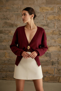 Damen Strickjacke mit V-Ausschnitt Knopfverschluss und langen Ärmeln - Burgund