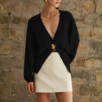 Damen Strickjacke mit V-Ausschnitt Knopfverschluss und langen Ärmeln - Schwarz