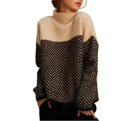 Damen Strickpullover mit Stehkragen und Zickzackmuster - Beige