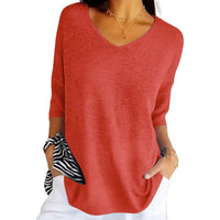 Damen Strickpullover mit V-Ausschnitt und kurzen Ärmeln - Rot