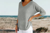 Damen Strickpullover mit V-Ausschnitt und kurzen Ärmeln - Grau