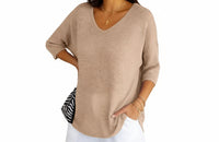 Damen Strickpullover mit V-Ausschnitt und kurzen Ärmeln - Beige