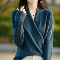 Damen-Strickpullover mit Wickeloptik - Granitblau