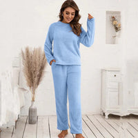 Damen Strukturiertes Langarm Oberteil und Hose Set mit Rundhalsausschnitt - Blau