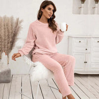 Damen Strukturiertes Langarm Oberteil und Hose Set mit Rundhalsausschnitt - Rosa