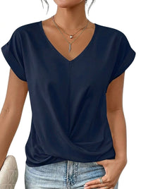 Damen-T-Shirt mit V-Ausschnitt, gekrempelten Ärmeln und Knotendetail - Dunkelblau