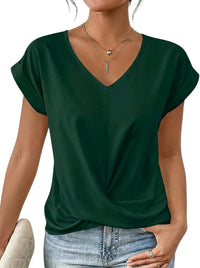 Damen-T-Shirt mit V-Ausschnitt, gekrempelten Ärmeln und Knotendetail - Dunkelgrün
