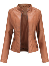 Annika | Damen Taillierte Kunstleder Biker Jacke Reißverschluss - Braun