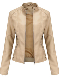 Annika | Damen Taillierte Kunstleder Biker Jacke Reißverschluss - Beige