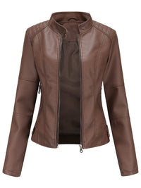 Annika | Damen Taillierte Kunstleder Biker Jacke Reißverschluss - Dunkelbraun