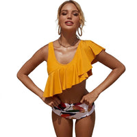 Damen-Tankini-Set mit Rüschen und High-Waist-Hose - Gelb