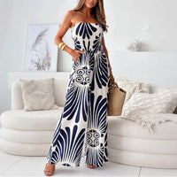 Damen Trägerloser Jumpsuit mit Weitem Bein und Abstraktem Druckmuster - Dunkelblau