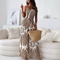 Damen Trägerloser Jumpsuit mit Weitem Bein und Abstraktem Druckmuster - Khaki