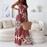 Damen Trägerloser Jumpsuit mit Weitem Bein und Abstraktem Druckmuster - Rot
