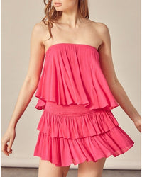 Damen Trägerloser Kurzer Jumpsuit mit Rüschenlagen und elastischem Bund - Pink