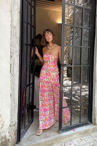 Damen Trägerloses Maxikleid mit abgesenkter Taille und Blumenmuster - Rosa