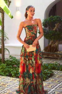 Damen Trägerloses Maxikleid mit gerafftem Rock und Muster - Grün