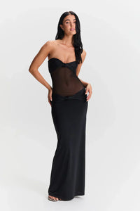 Damen Trägerloses Maxikleid mit Knotenverzierungen und transparentem Mesh-Einsatz - Schwarz