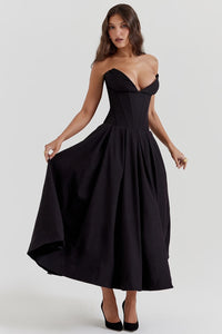 Damen Trägerloses Midi Kleid mit Herzausschnitt und ausgestelltem Glockenrock - Schwarz