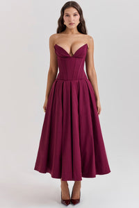 Damen Trägerloses Midi Kleid mit Herzausschnitt und ausgestelltem Glockenrock - Weinrot