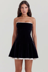 Damen Trägerloses Mini Kleid mit Kontrast Besatz und ausgestelltem Rock - Schwarz