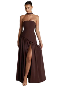 Damen Trägerloses Asymmetrisches Maxikleid - Hellbraun