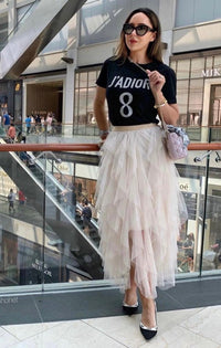 Damen Tüllrock mit Mehrlagigen Volants und Elastischem Bund - Hellbeige