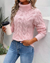 Marie | Damen Turtleneck Sweater Zeitloser Kabelstrick-Rollkragenpullover - Rosa
