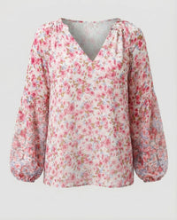 Damen V-Ausschnitt Bluse mit Blumenmuster und langen Ärmeln - Rosa