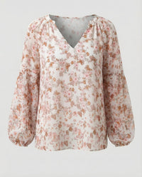 Damen V-Ausschnitt Bluse mit Blumenmuster und langen Ärmeln - Braun
