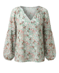 Damen V-Ausschnitt Bluse mit Blumenmuster und langen Ärmeln - Grün