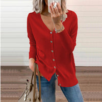 Amelie | Damen V-Ausschnitt Strickjacke Langarm Cardigan mit Knöpfen - Rot