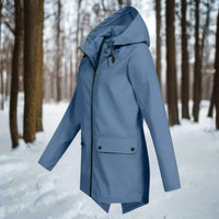 Emilia | Damen Wasserdichte Kapuzen-Regenjacke mit Reißverschluss Taschen - Blau