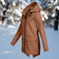 Emilia | Damen Wasserdichte Kapuzen-Regenjacke mit Reißverschluss Taschen - Kaffee