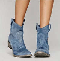 Charlotte | Damen Western Ankle Boots Wildleder Kniehohe Stiefel Flacher Absatz - Blau