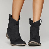 Charlotte | Damen Western Ankle Boots Wildleder Kniehohe Stiefel Flacher Absatz - Schwarz