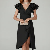 Damen-Wickelkleid in Midilänge mit Rüschenärmeln - Klassisches Schwarz