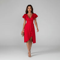 Damen-Wickelkleid in Midilänge mit Rüschenärmeln - Leuchtendes Rot
