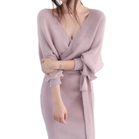 Damen Wickelstrickkleid mit V-Ausschnitt und Bindegürtel - Hellrosa