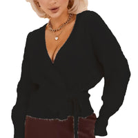 Damen Wickelstrickpullover mit V-Ausschnitt und Bindegürtel - Schwarz