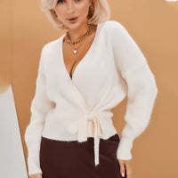 Damen Wickelstrickpullover mit V-Ausschnitt und Bindegürtel - Weiß