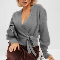 Damen Wickelstrickpullover mit V-Ausschnitt und Bindegürtel - Grau
