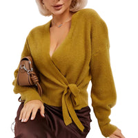 Damen Wickelstrickpullover mit V-Ausschnitt und Bindegürtel - Kamel